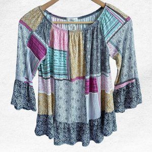 Style & Co Flounce Bell Sleeves Patchwork Blouse